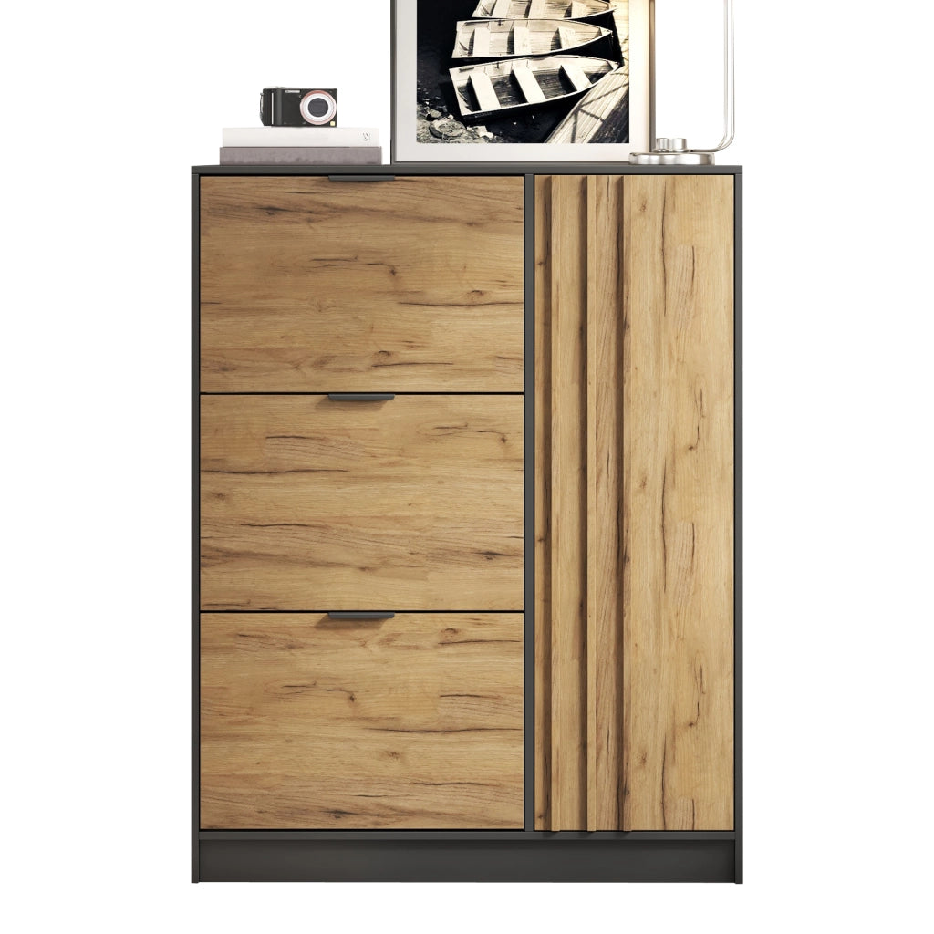 Scarpiera 100x30x130 cm in MDF con 3 ribalte e 1 vano chiuso, finitura naturale e nero