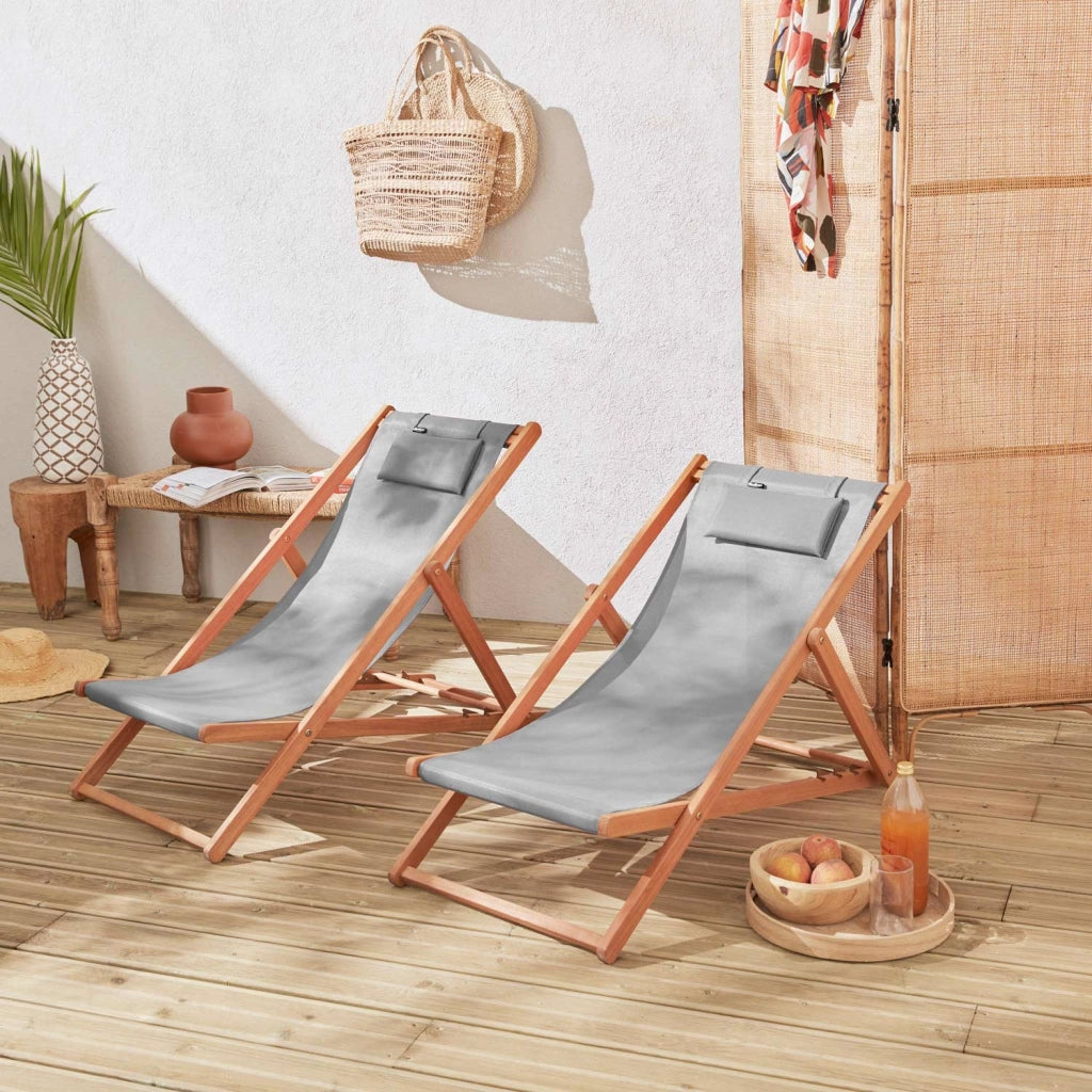 Set 2 lettini prendisole in legno con cuscino poggiatesta, grigio
