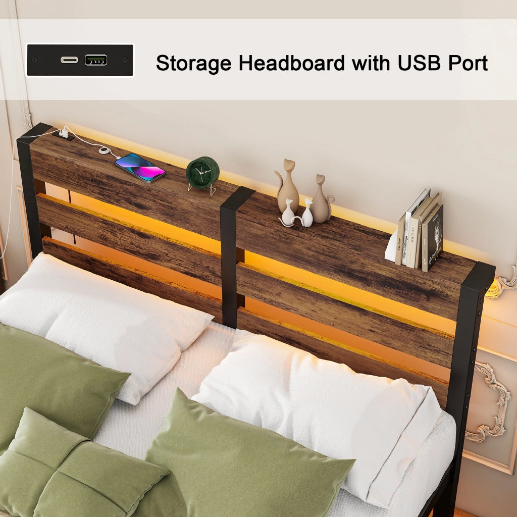 Letto matrimoniale 120x200 cm in metallo e legno con LED RGB, USB e spazio contenitivo