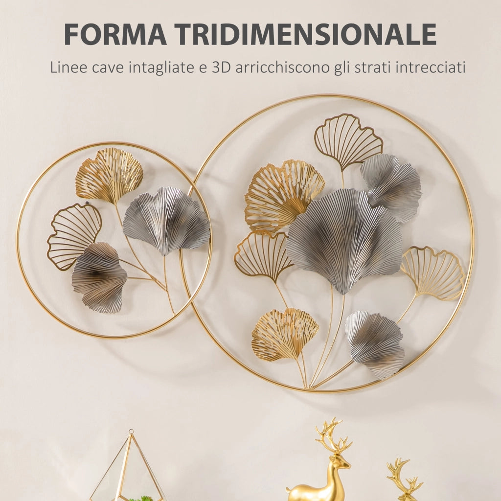 EasyComfort Decorazione Murale 3D in Metallo, Wall Art Dorata con Ginkgo in due Cornici Rotonde, 102x66.2cm, Oro e Argento