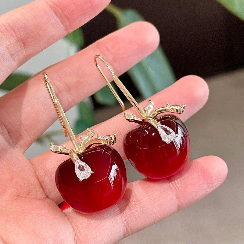 Orecchini con fiocco scintillante di strass e perline bordeaux, graziosi e dolci orecchini a forma di ciliegia
