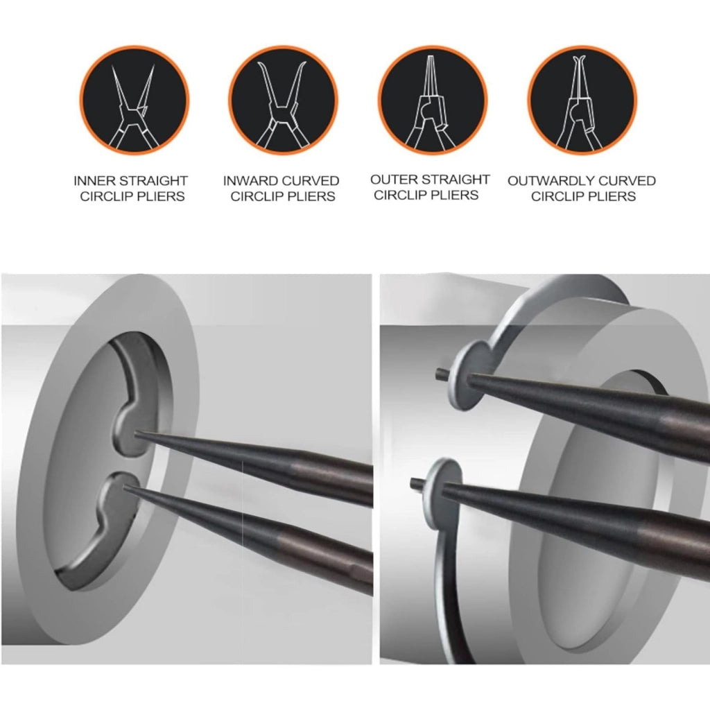Set 4 Pinze Per Anelli Elastici 7'' Interni/Esterni Dritte/Angolo 90° +custodia