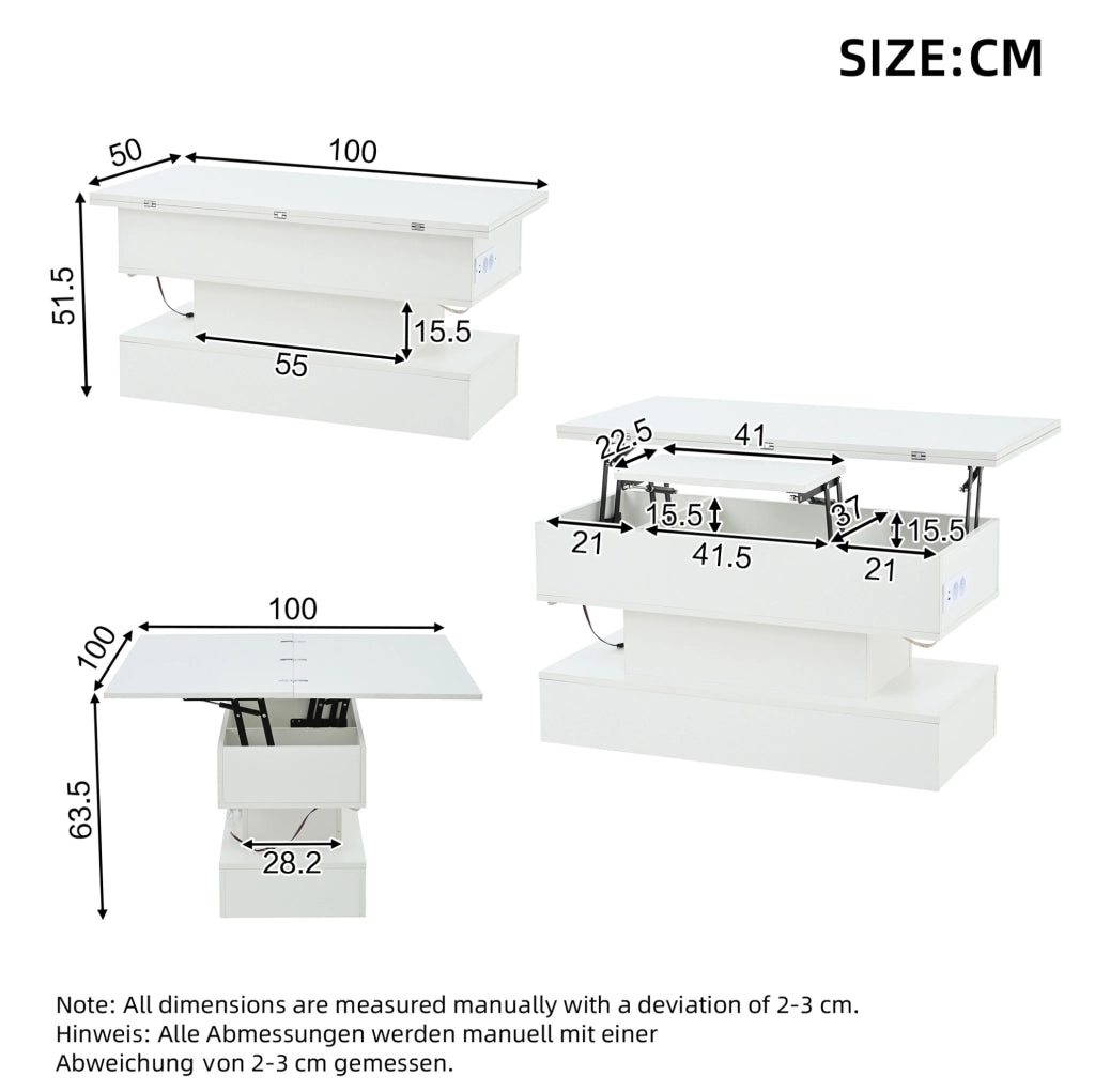 Tavolino da caffè 100x50x51.5 cm con piano sollevabile; vano contenitore e LED; truciolare bianco