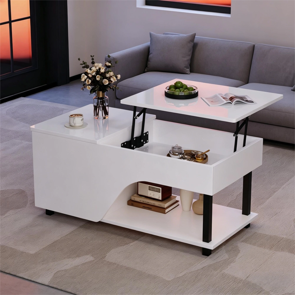 Tavolino da caffè alzabile con vano portaoggetti e ripiani laterali - per soggiorno - 50×100×46 cm - bianco