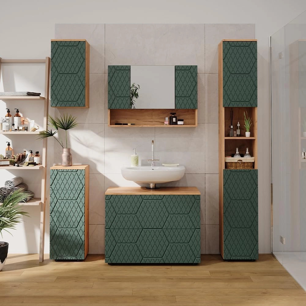 Set mobili bagno Irma, Quercia verde/oro, 5 parti