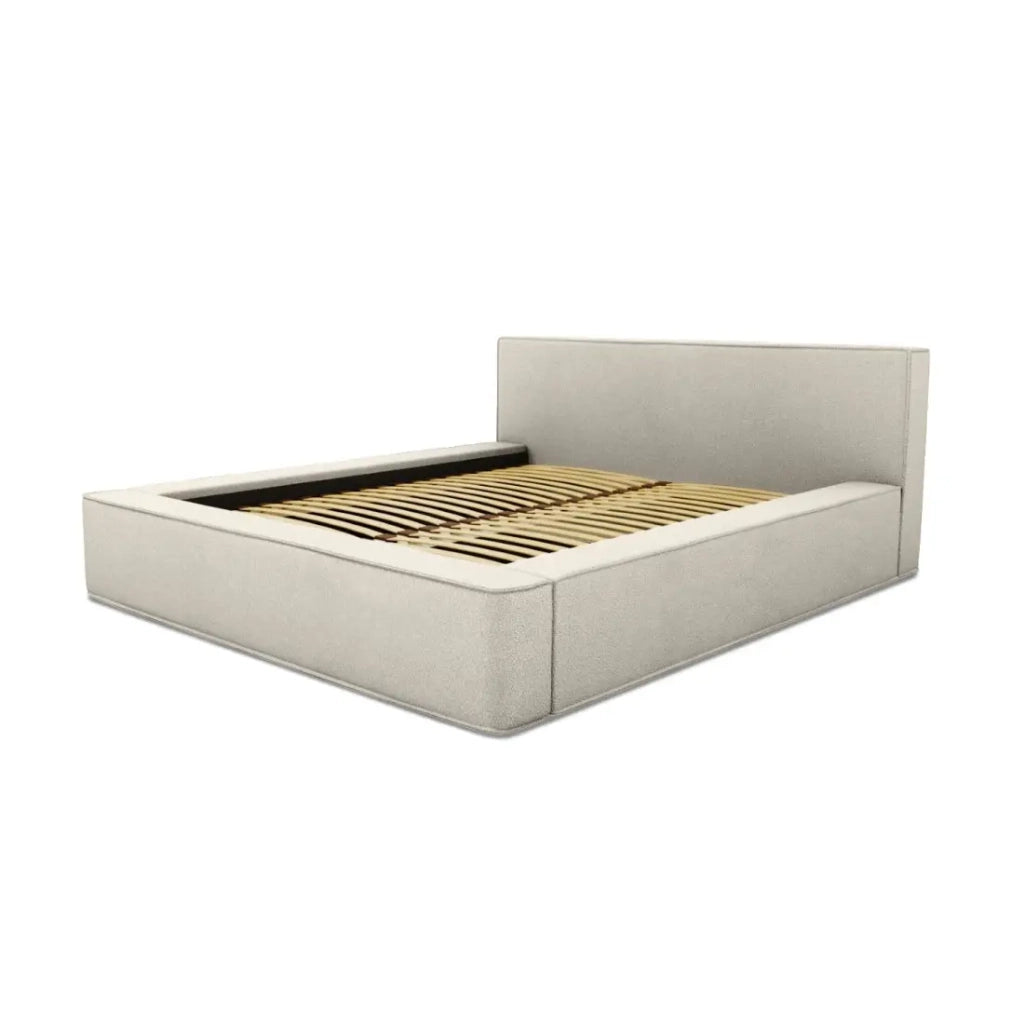 Letto contenitore VELORA – Sabbia ricciolata – 160x200 cm – Tessuto effetto lana – Rete sollevabile – Contenitore integrato