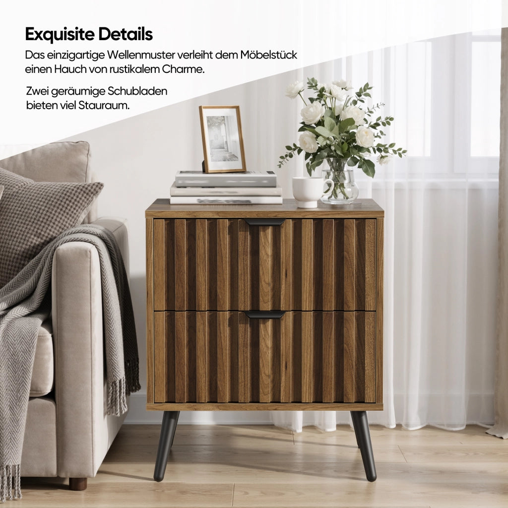 Comodino con 2 cassetti e ripiano; design incassato - per camera da letto - in MDF - 45×40×53 cm - noce