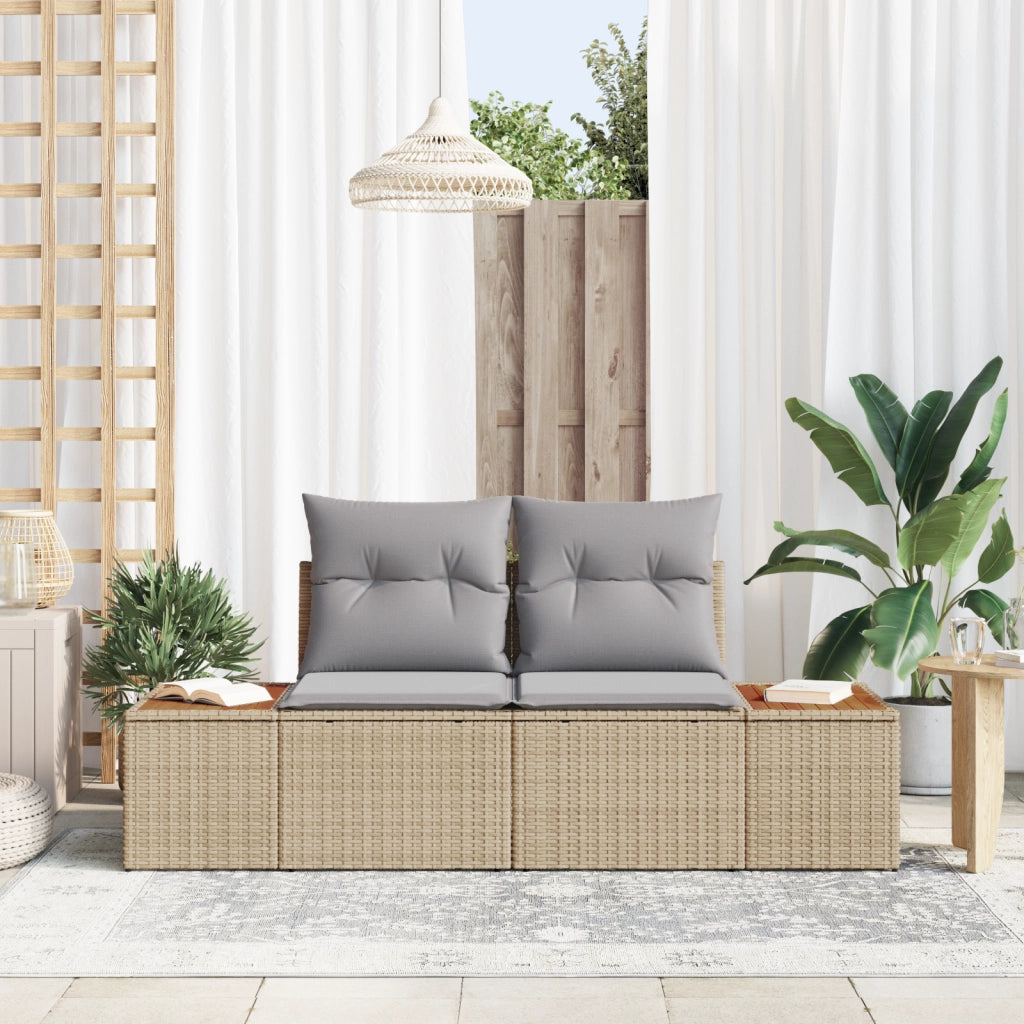 Divano da Giardino a Due Posti con Cuscini Beige in Polirattan