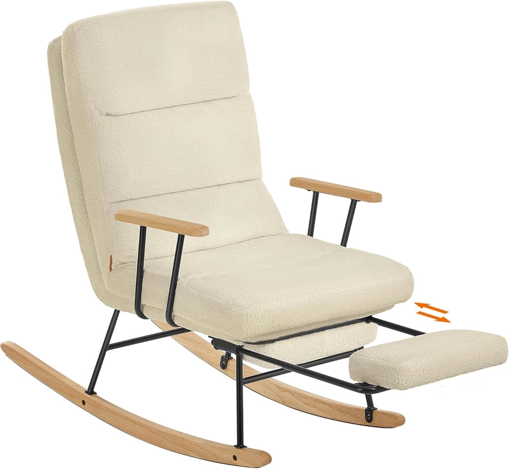 Poltrona a Dondolo, Gambe in Legno di Hevea, Sedia a Dondolo, Schienale Regolabile a 4 Posizioni, Portata Massima 160 kg, Camera da Letto Soggiorno, Marrone Cammello LYY016LJ01