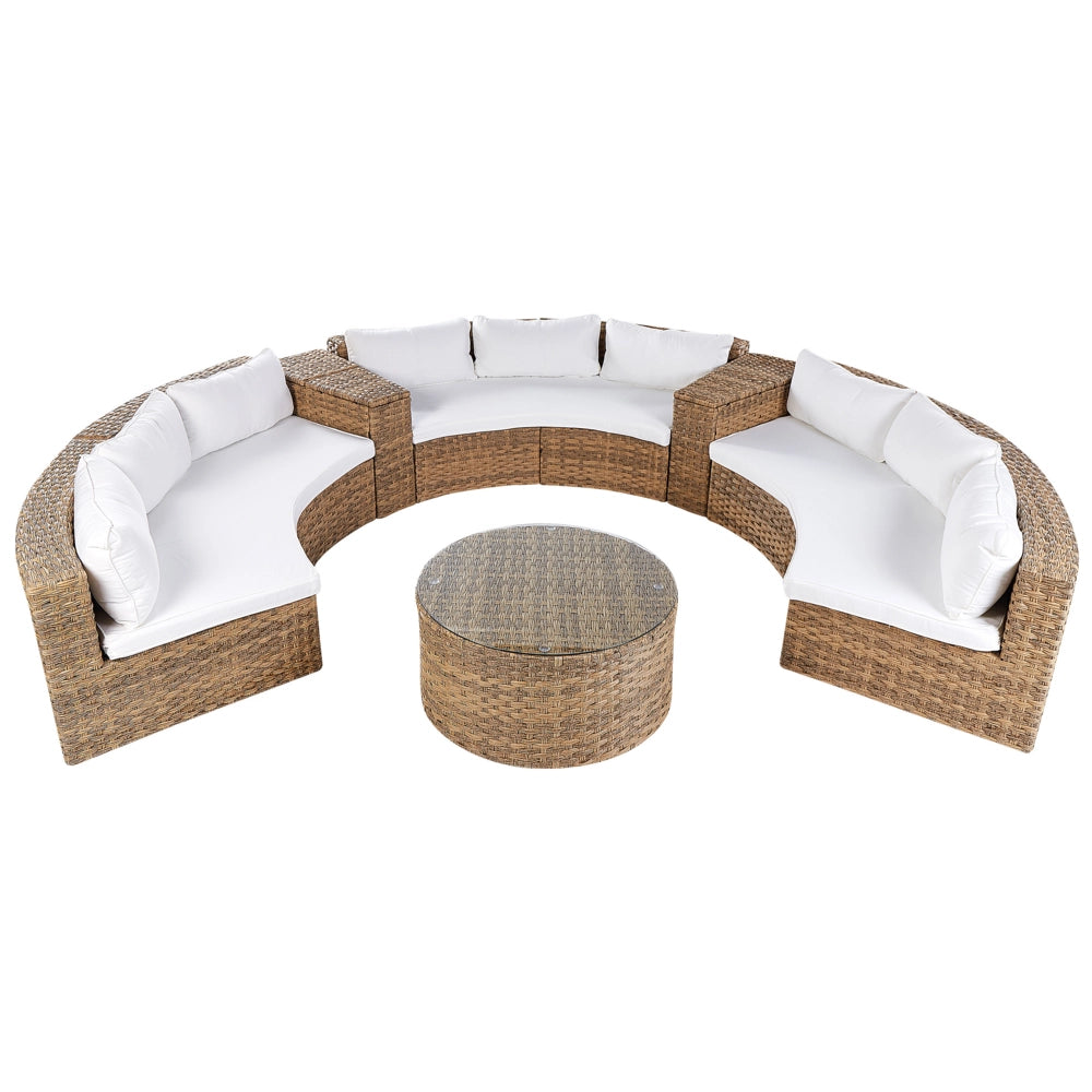 Set divano ad angolo da giardino marrone dorato finto rattan a forma di U 9 posti cuscini bianchi curvi con tavolo set di conversazione