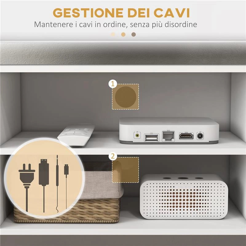 MOBILE TV 55" MAX CON 2 ARMADIETTI E 2 RIPIANI APERTI, IN LEGNO E TRUCIOLATO, 120X34X50 CM, BIANCO