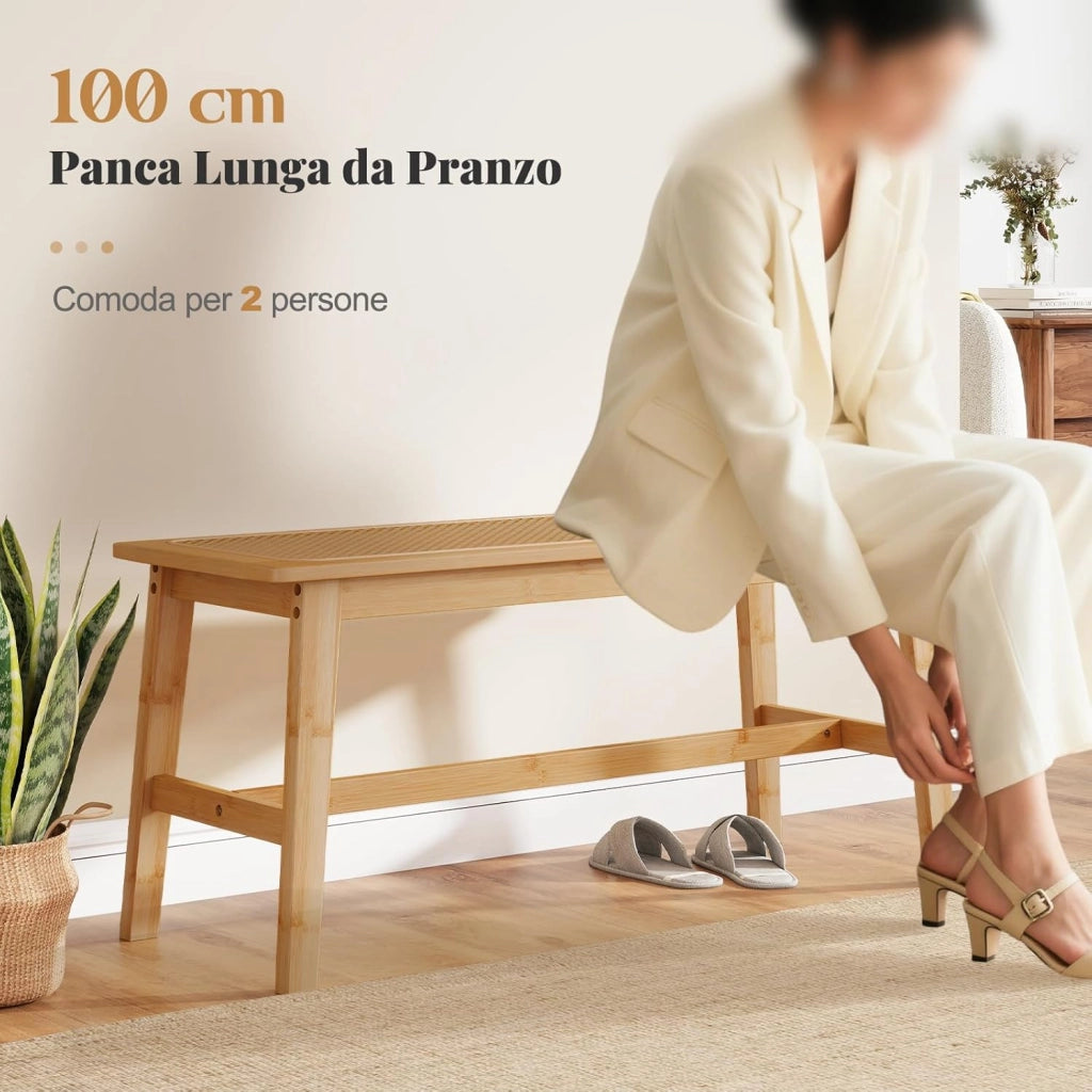 Panca da Pranzo 100 cm in Bambù Naturale, Panchina per 2 Persone con Seduta Rattan Intrecciato a Mano, Panca Stile Fattoria per Cucina, Bagno e Camera da Letto, Sgabello per Scarpe