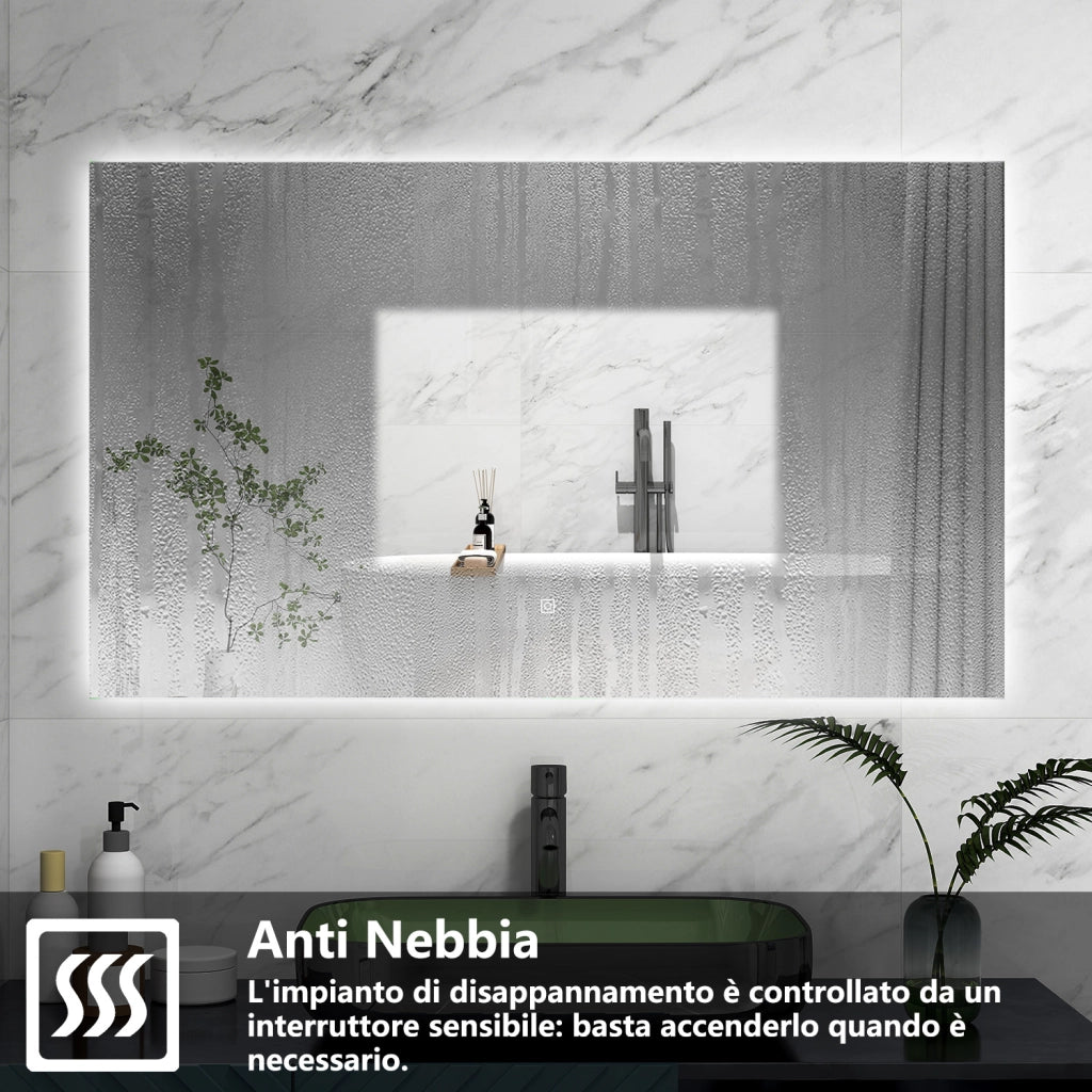 AICA Specchio 100x60cm,Memoria, Antifog,Regorabile,Retroilluminato,doppio interruttore