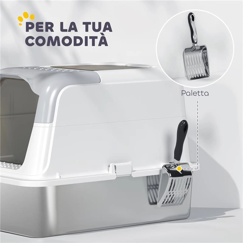 LETTIERA PER GATTI CHIUSA A 2 INGRESSI CON DEODORANTE E PALETTA, 60.4X40.4X41.8 CM, BIANCO E GRIGIO