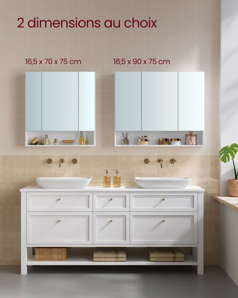 Mobiletto da bagno con ante a specchio mobile contenitore mobiletto a specchio da parete vano aperto ripiani regolabili 165 x 70 x 75 cm bianco 12_0004015