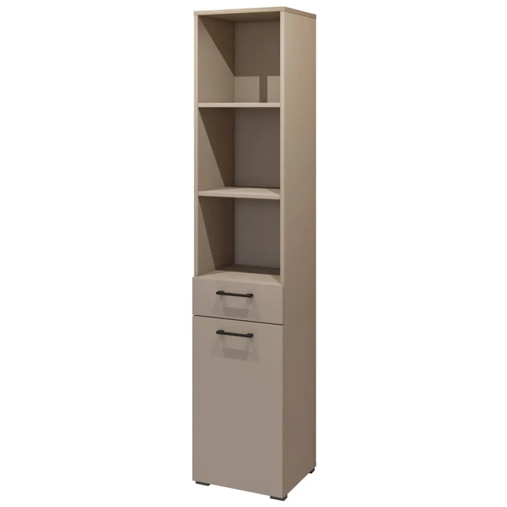 Mobile alto da collezione WASHING – 1 cassetto, 1 porta e 1 cesto – Colore taupe e quercia