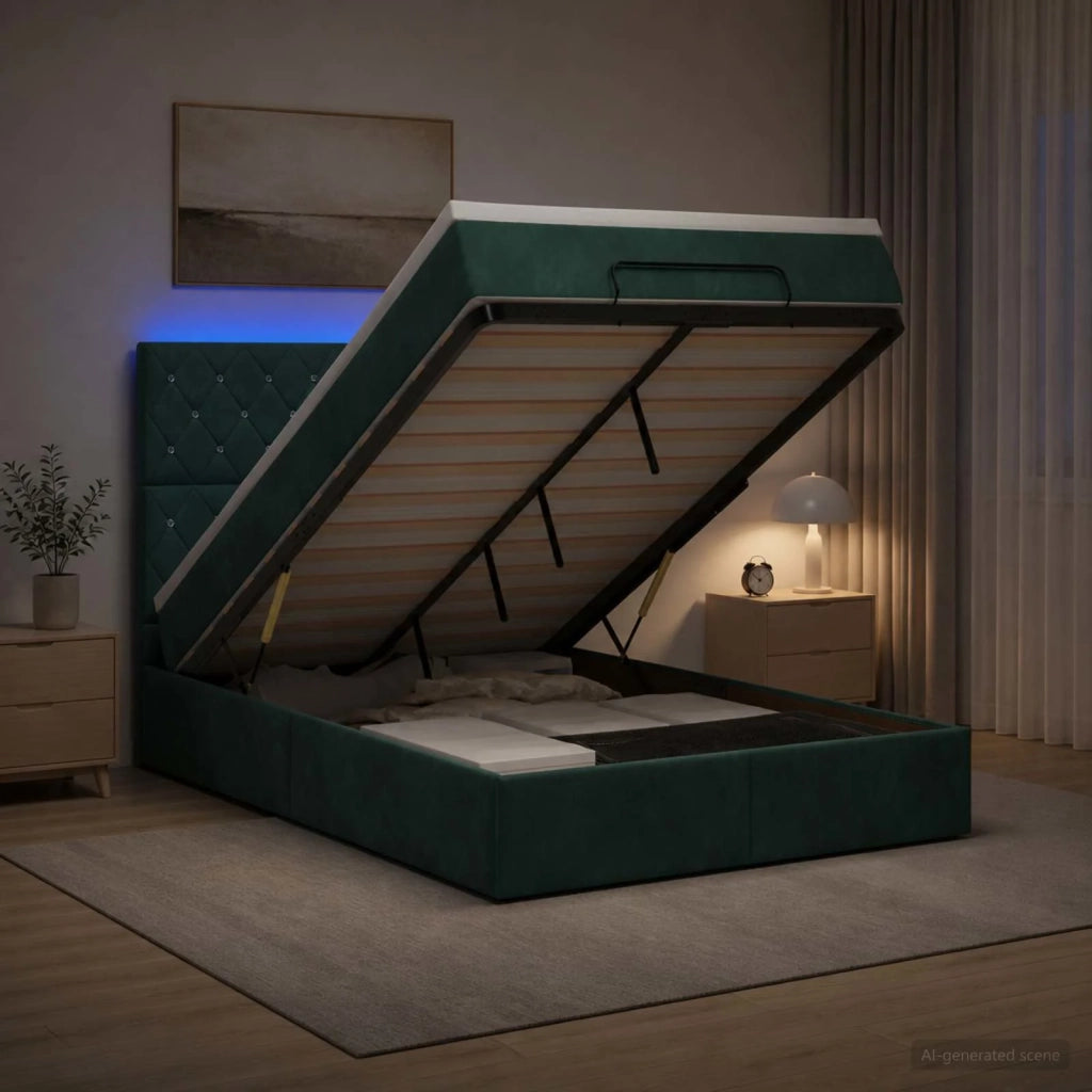Letto Ottomano con Materasso e LED Verde Scuro 120 x 190 cm 3458220