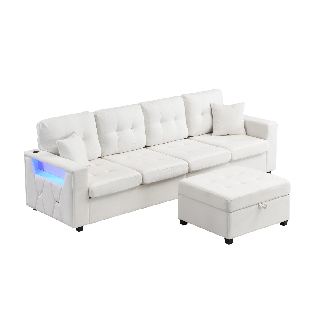 Divano angolare modulare 253 cm 4 posti con pouf con contenitore; lino; beige