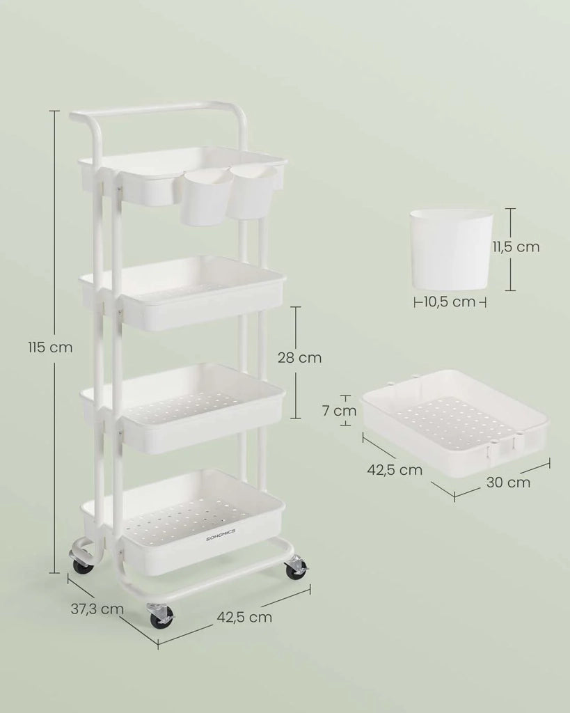 Carrello di servizio mobile a 3 livelli con ruote ripiano portaoggetti con maniglia 2 pentole 2 freni cestini in plastica facile da montare per camera da letto cucina bianco 12_0007856