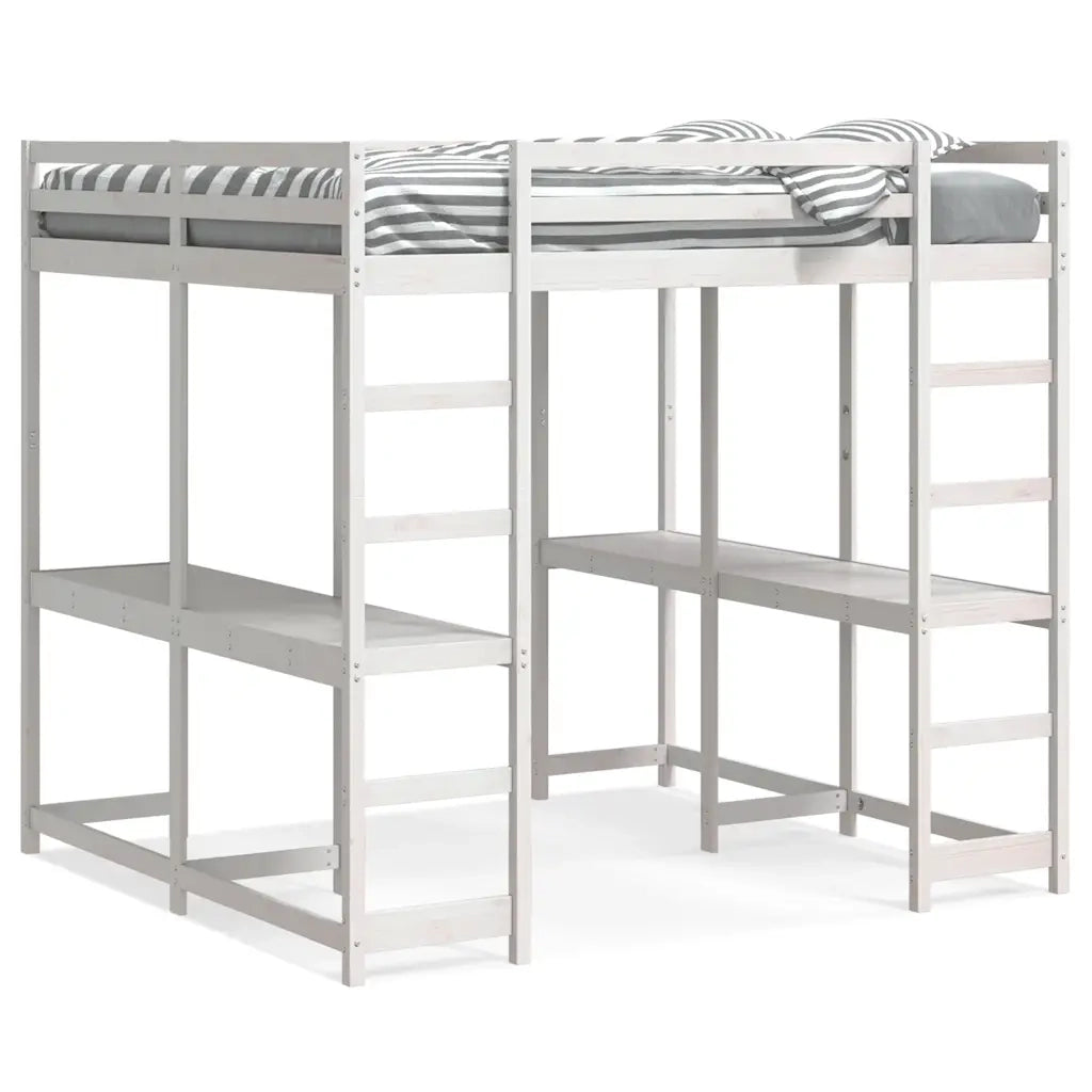 vidaXL Letto Soppalco Scrivania e Scala Bianco 140x200cm Massello Pino