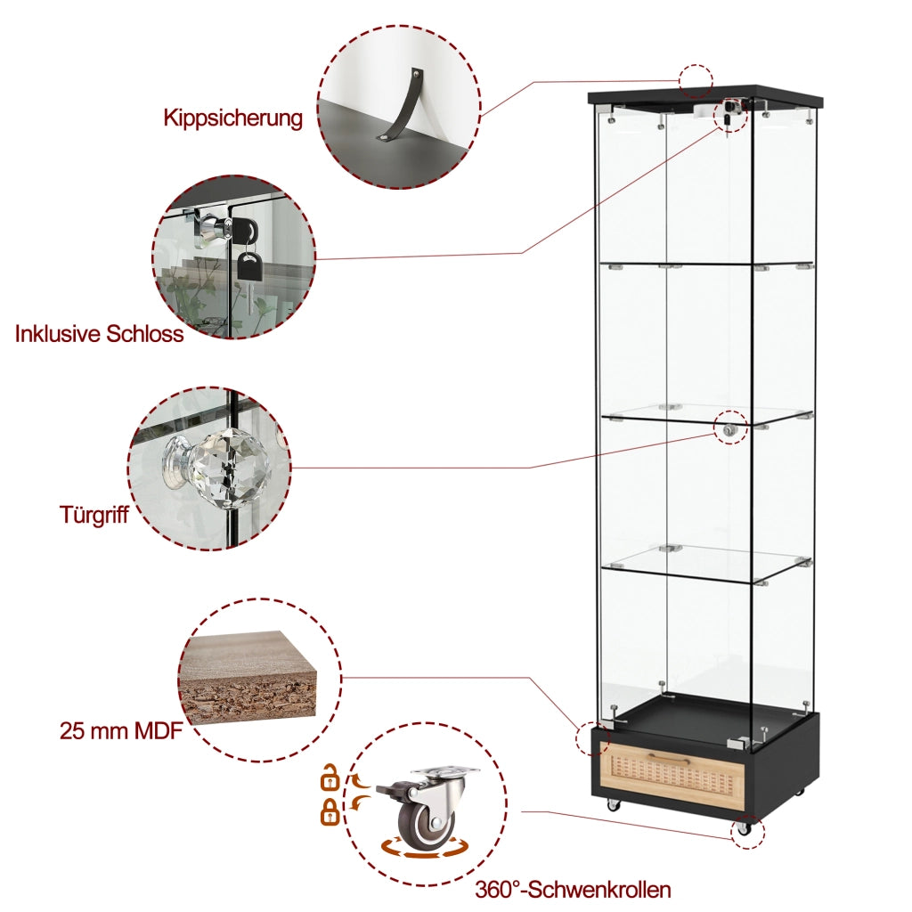 Vetrina con 1 anta; 4 ripiani; cassetti e LED - per soggiorno - 42.5×36.5×167 cm - nero