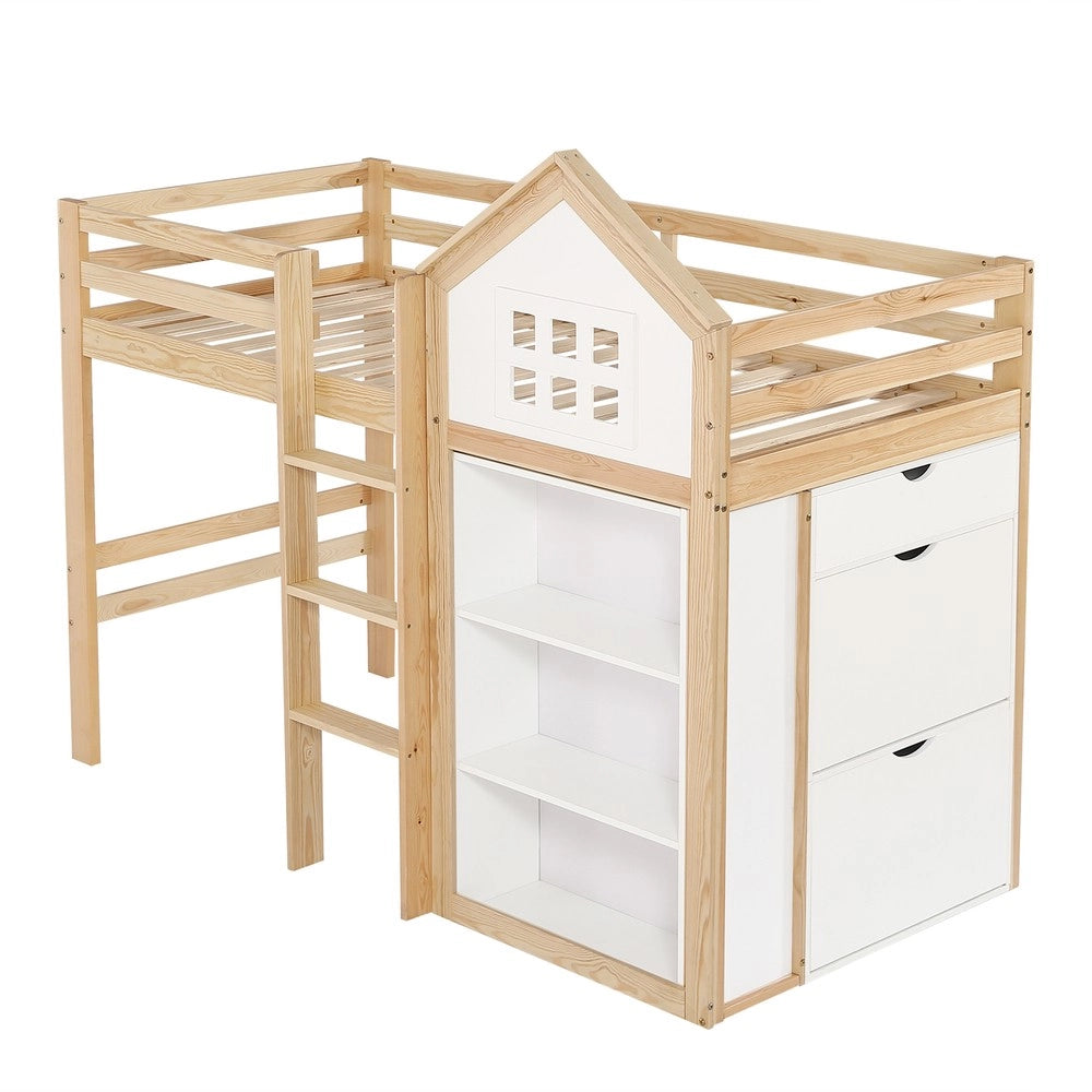 Letto a Soppalco per Bambini con Cassetti e Scala ¨C Xylo ¨C Bianco/Naturale, Pino/MDF/Multistrato, 90x200