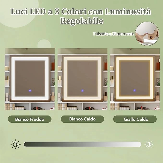 Toeletta da Trucco con Luci, Set Tavolo e Sgabello da Trucco con Stazione di Ricarica, Luci a LED a 3 Colori, Armadietto a Specchio, 3 Cassetti, Supporto per Asciugacapelli