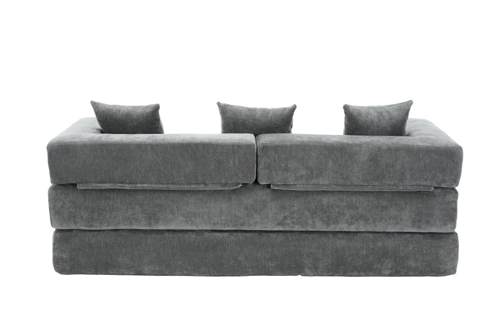 Divano modulare in chenille grigio scuro con tasche laterali, base antiscivolo e struttura componibile