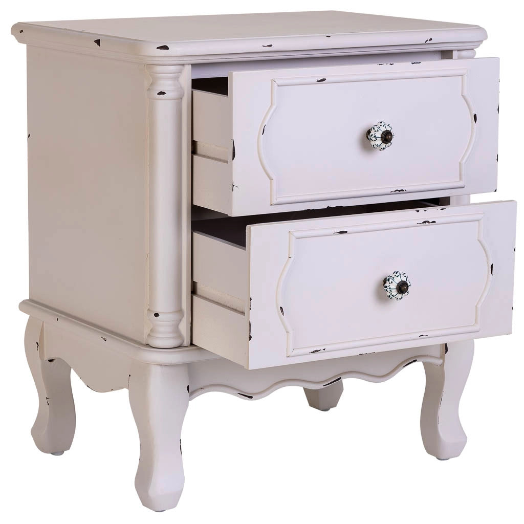 Tavolino in legno bianco invecchiato con 2 cassetti 50x36x55h cm