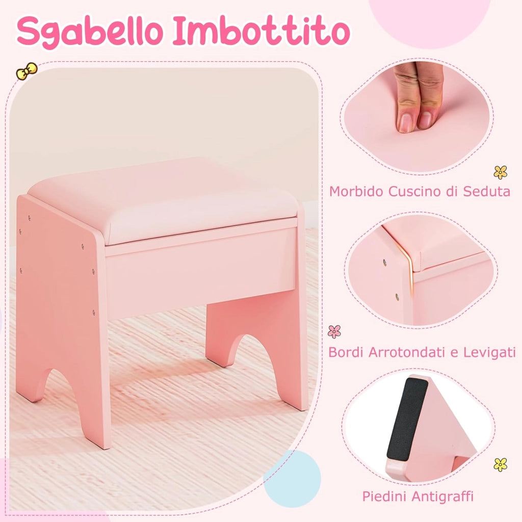 Toeletta Trucco per Bambina con Sgabello, Set Tavolo Trucco in Legno con Specchio Luci LED, Scaffale Aperta, Spazi per Annelli e Sgabello Imbottito, Mobile da Principessa per 3+ Anni (Rosa)