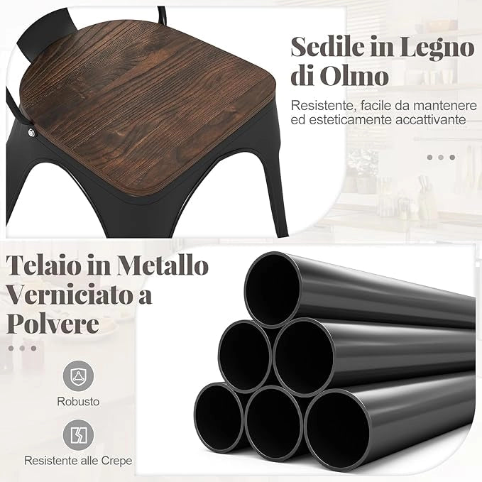 Set di 4 Sedie da Pranzo Impilabili 53 x 44,5 x84 cm, Sedie da Bar con Schienale Alto, Struttura in Legno e Acciaio, Ideale per Balcone, Cortile e Ristorante (Nero)