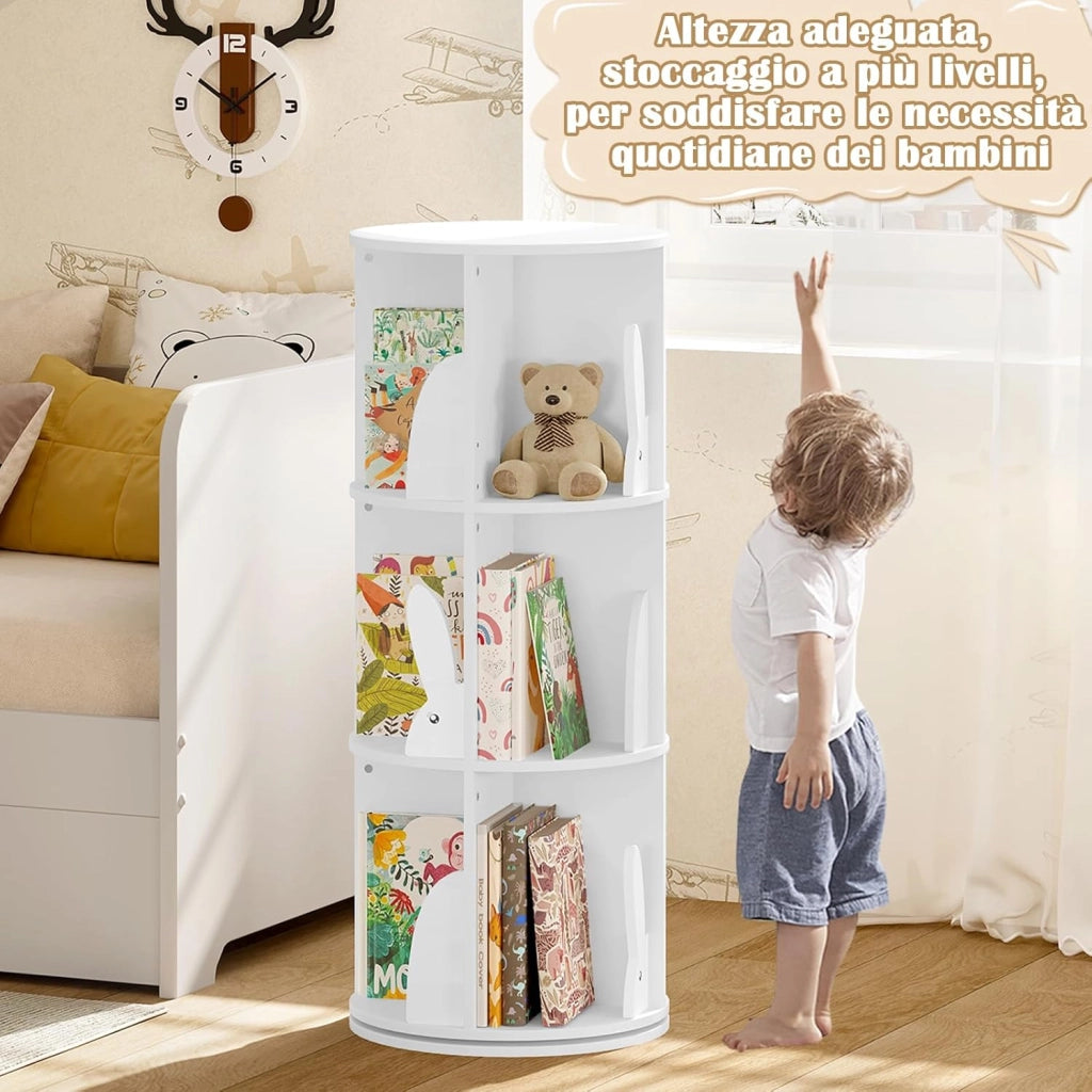 Libreria per Bambini Rotante, Libreria Girevole a 3 Livelli, Porta Libri per Soggiorno, Studio, Scaffale in Legno Autoportante