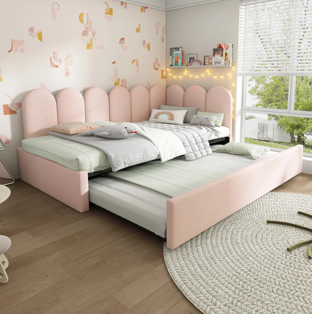 Divano letto 90x200 cm; rete estraibile; design a griglia; velluto; rosa (Senza materasso)