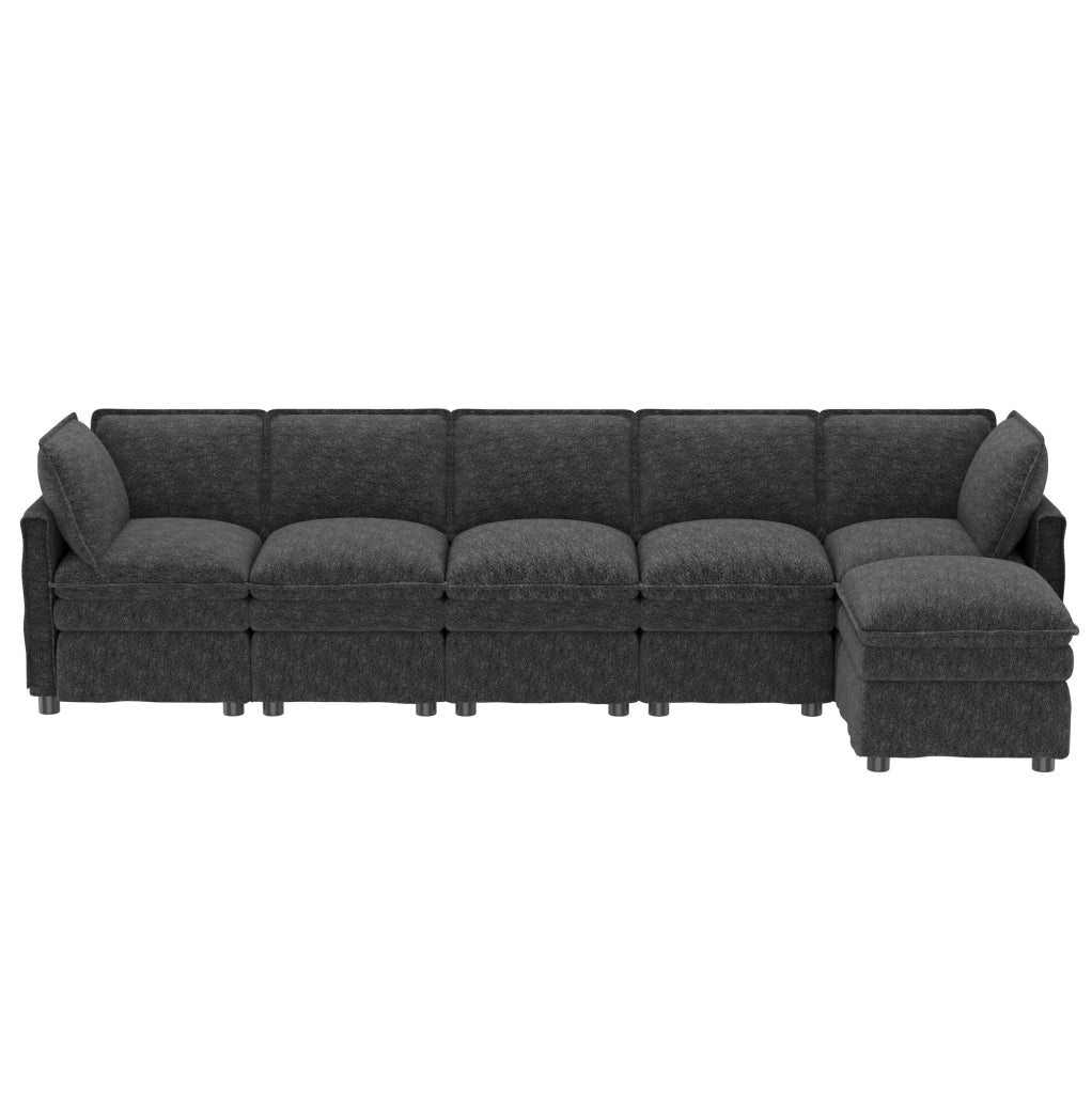 Divano modulare 6 posti in ciniglia grigio con pouf, 344 cm
