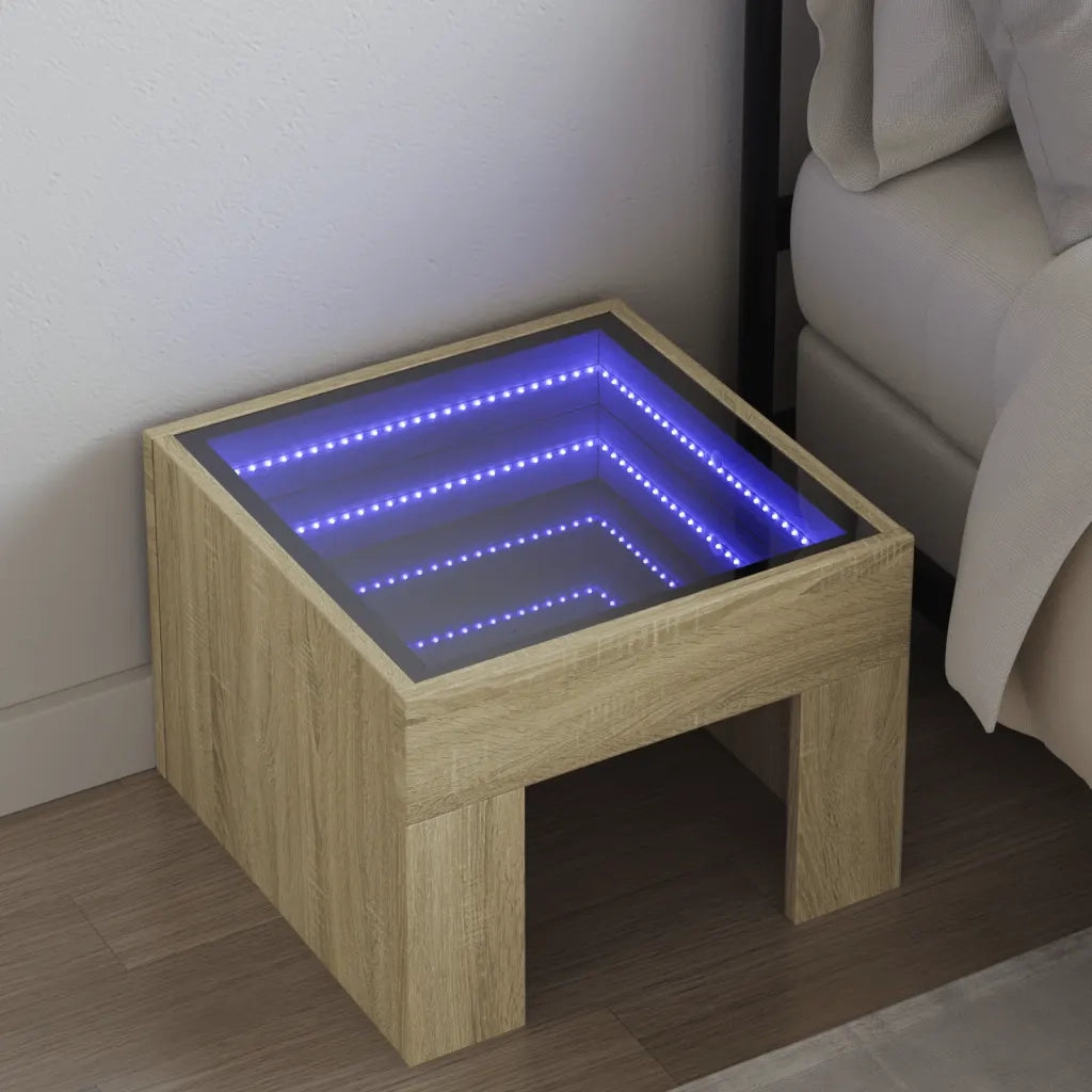 Comodino con LED Infinity-Tavolino da notte Rovere Sonoma 40x40x30 cm 520217