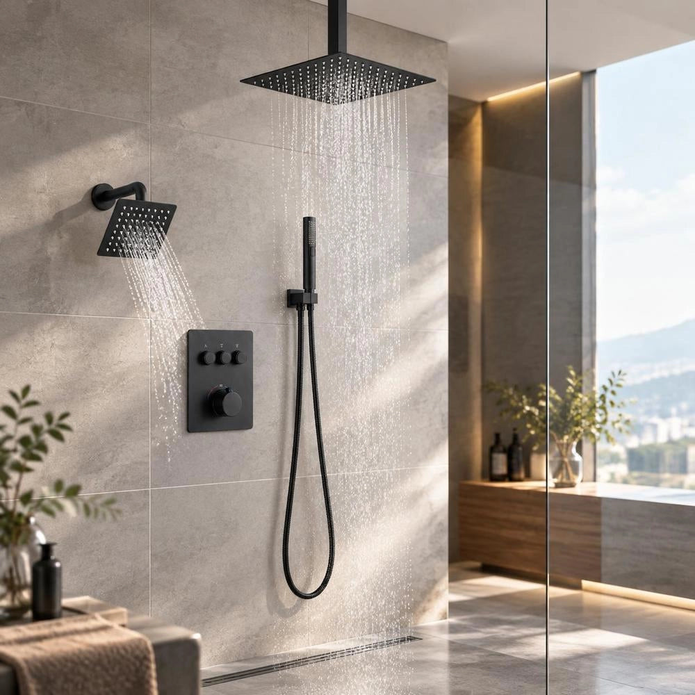 Shower System Set With 12-inch Rain Shower System / 6-inch Wall-mounted Head / 2-in-1 Hand Shower, Rotating Double Rain Head (3 Functions), Brass Valve Cover Set, Matte Black Thermostatic