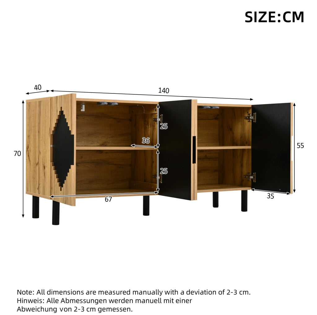 Credenza 140x40x70 cm a 2 ante push-open in MDF e truciolare naturale e nera
