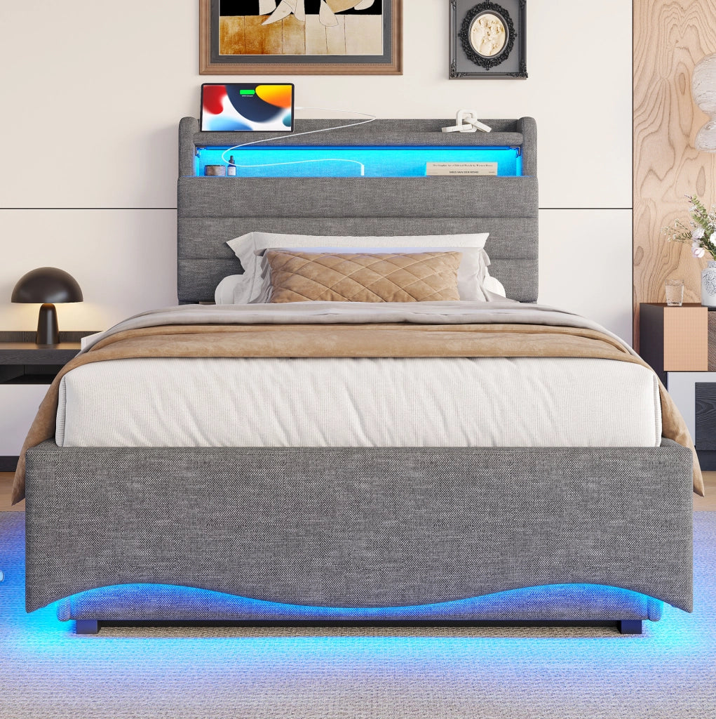 Letto imbottito 90x200 cm con LED; contenitore idraulico; USB e Type-C in lino grigio