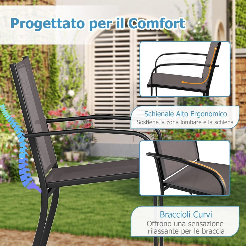 Set di 2/4 Sedie da Pranzo per Esterni, Sedia da Giardino Impilabili con Tessuto Traspirante, Braccioli, Schienale Alto e Telaio in Metallo, Portata 150 kg (Grigio,4)