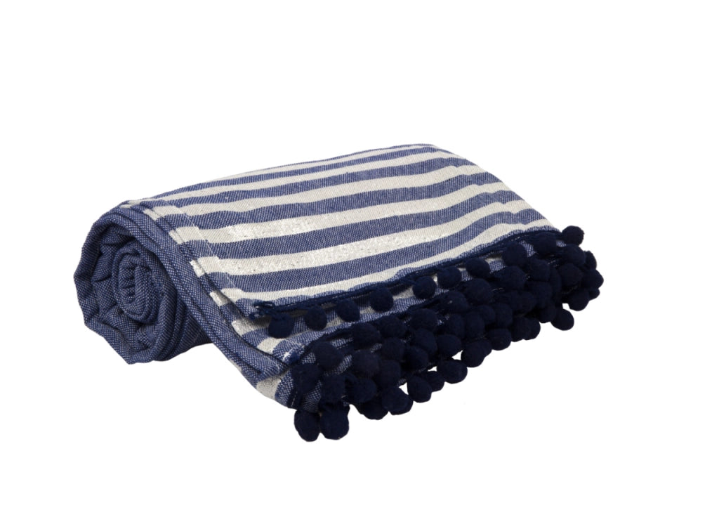 Telo Mare Fouta Spiaggia 100% Cotone Modello Lurex Con Pon Pon - Telo Mare - Blu