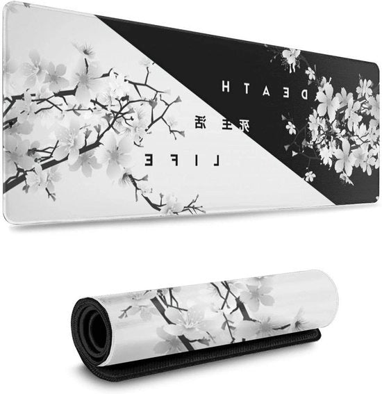 Matrice da gioco extra grande con motivi di ciliegie, nero e bianco, 315 x 305 cm - Antiscivolo - Matrice grande - Sostegno per scrivania con bordi a strisce