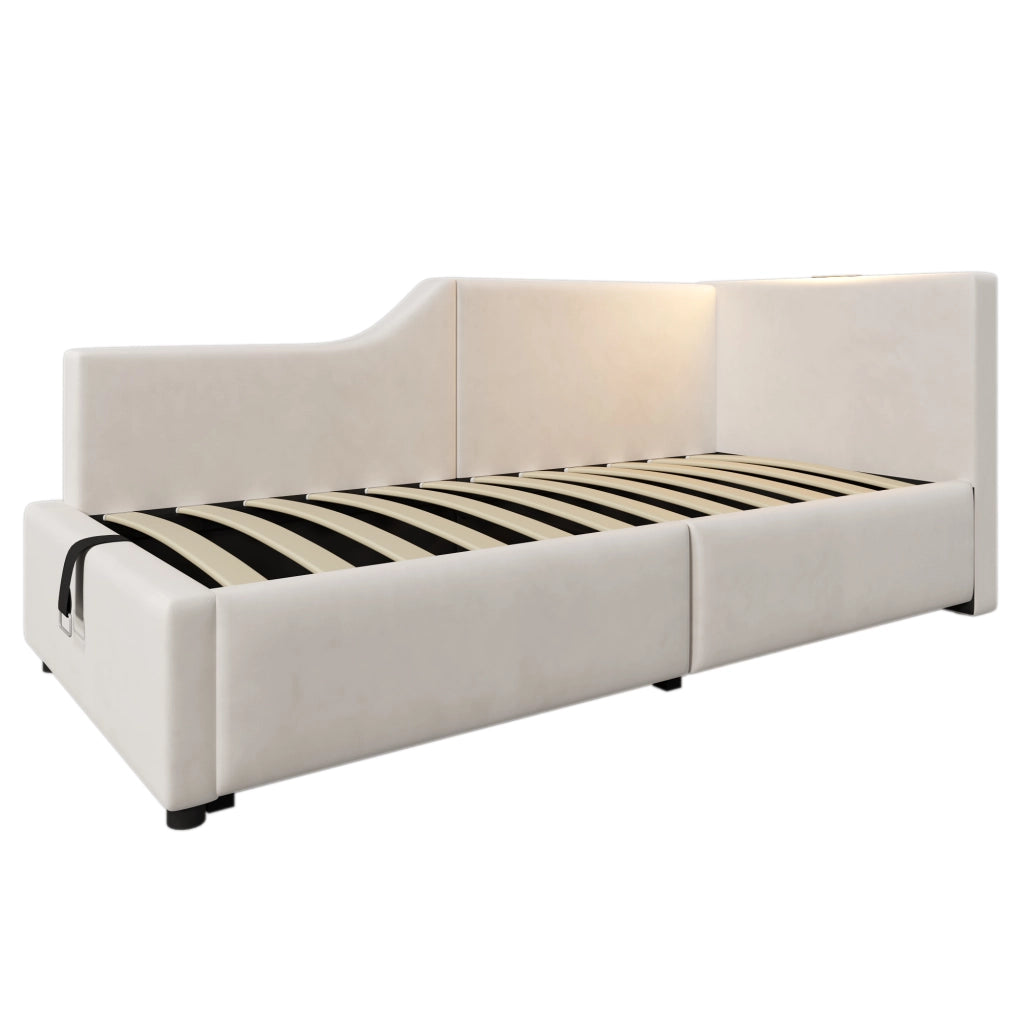 Letto a giorno imbottito 90x200 cm in velluto beige con contenitore idraulico, luce lettura e USB-C