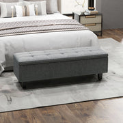 Panca contenitore imbottita con seduta confortevole e piedini in legno di caucciù in lino grigio scuro 138 × 40 × 45 cm