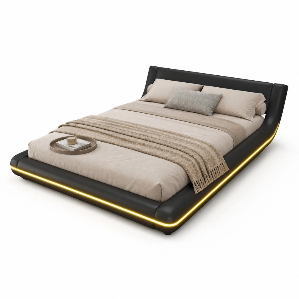 LETTO a pavimento 140x200 cm PU Nero con illuminazione LED