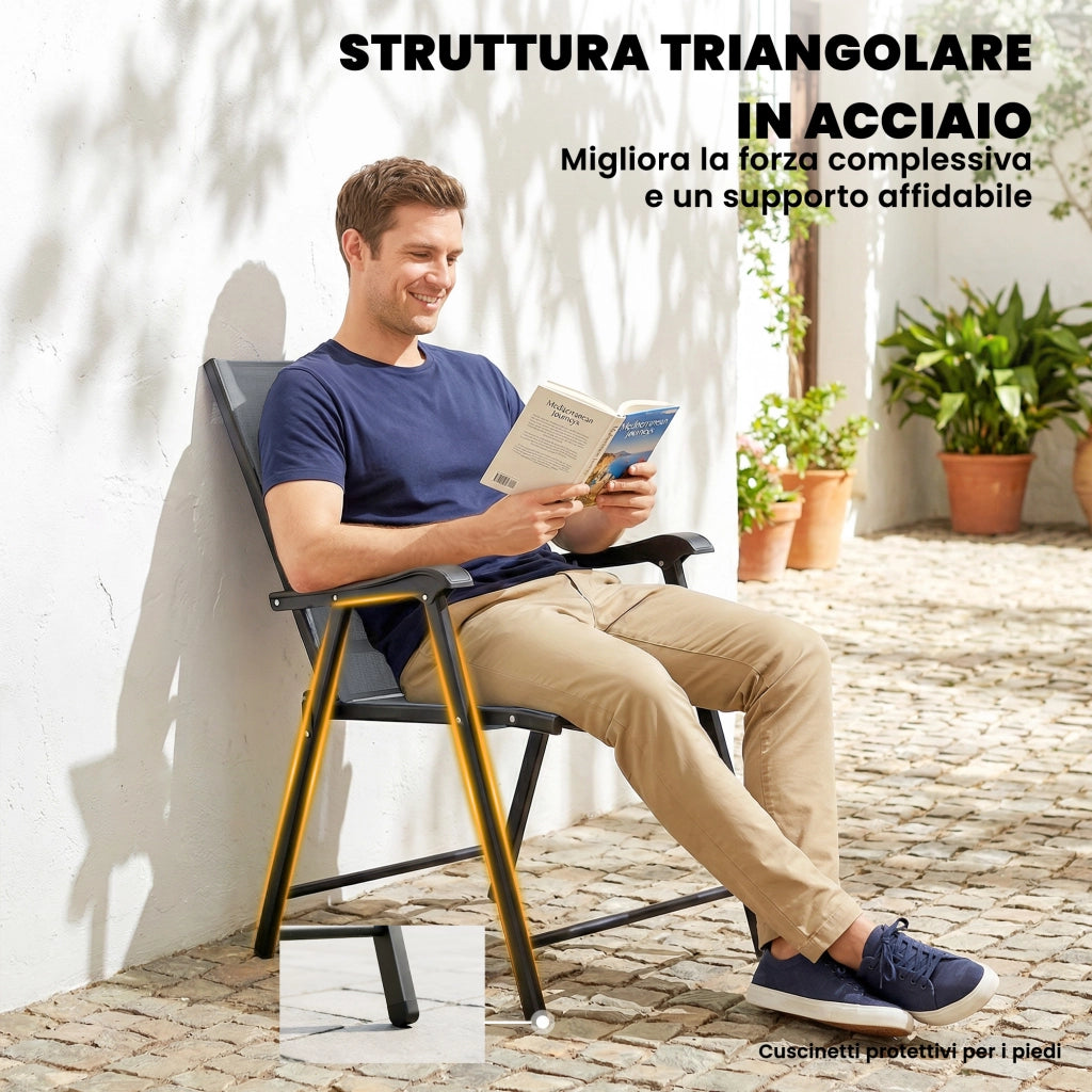 Set di 2 Sedie 58x62x97 cm Pieghevoli con Schienale Alto e Braccioli in Acciaio e Tessuto Grigio Chiaro