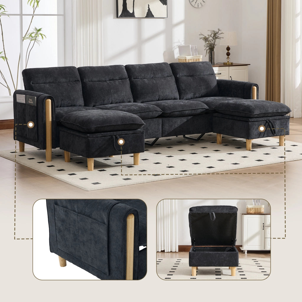 Divano modulare a U a 4 posti con 2 pouf contenitore; in chenille nero; 261 x 77 x 86 cm