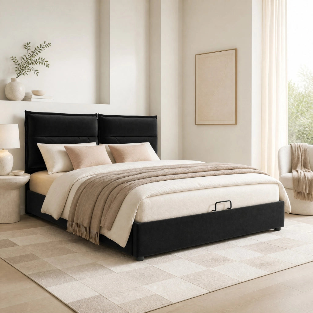 Letto matrimoniale imbottito 140x200 cm con contenitore, testiera regolabile, struttura in metallo e velluto, nero, senza materasso