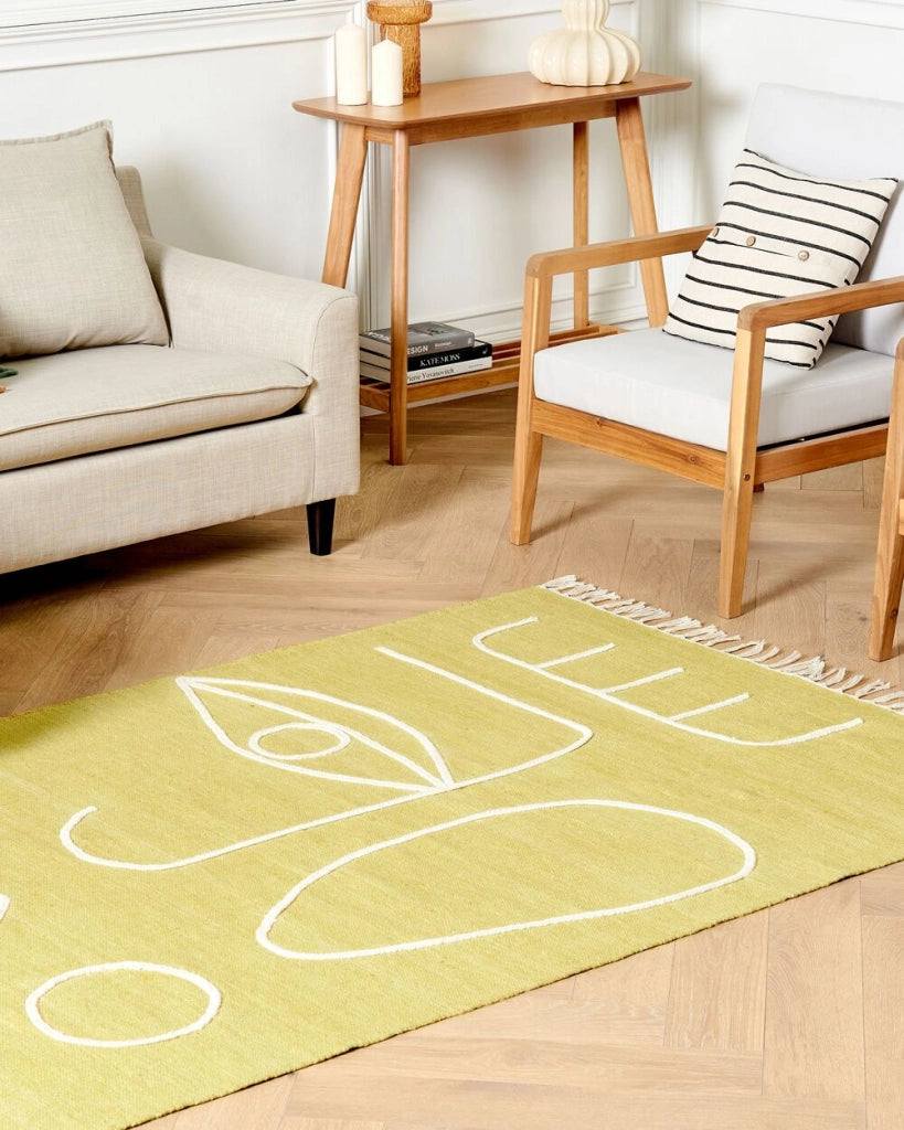 Tappeto rettangolare per interni e per esterni in poliestere con motivo a nappe giallo 140 x 200 cm  stile boho