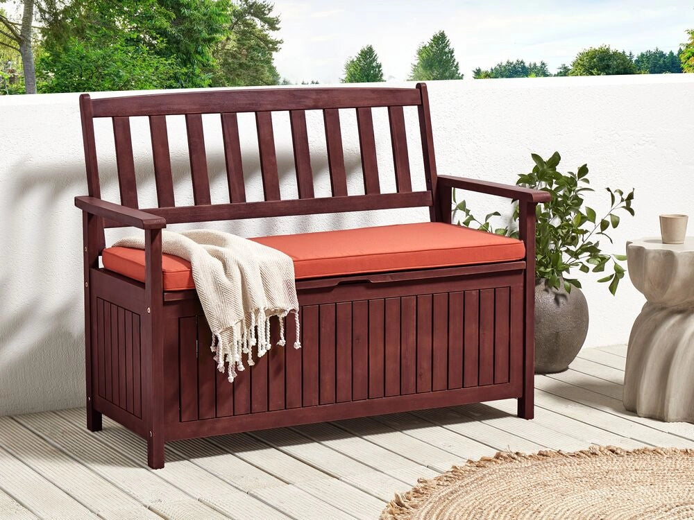 Panca da Esterno con Contenitore in Legno Massello di Acacia 2 Posti 120 cm Rosso Mogano e cuscino rosso