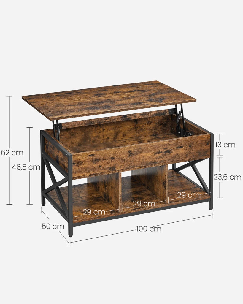 Tavolino da caffè con piano sollevabile vano portaoggetti nascosto e scomparti aperti struttura in acciaio 50 x 100 x 62 cm marrone rustico e nero 12_0007491